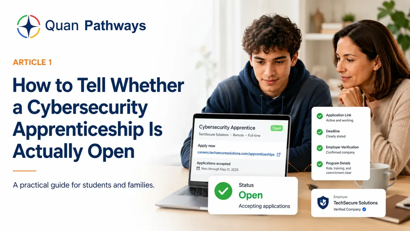 A student and parent reviewing a cybersecurity apprenticeship listing, application link, deadline, employer, and open status