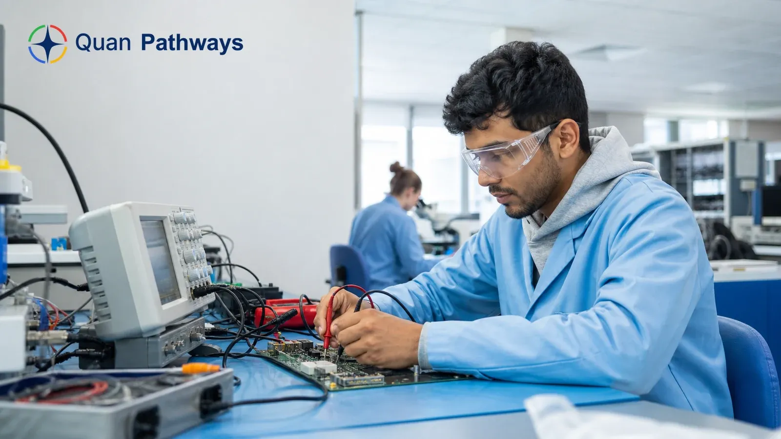 A student wearing safety glasses practices electronics equipment work in a bright technical training lab