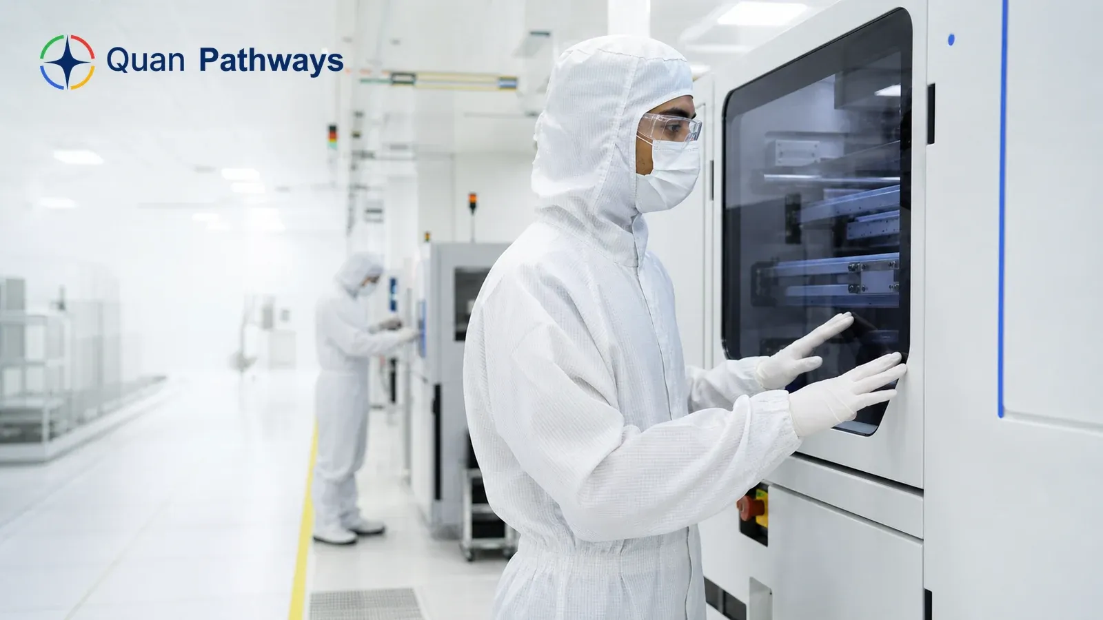A cleanroom technician safely observes semiconductor manufacturing equipment in a modern fab