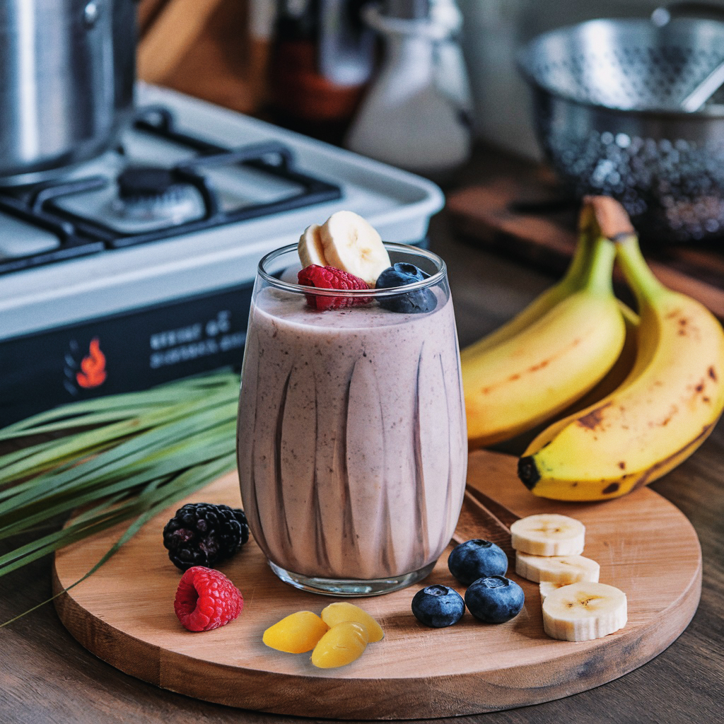 lotus seed smoothie recipe with lotus seeds, almond milk, Chinese grass jelly, bananas, and berries