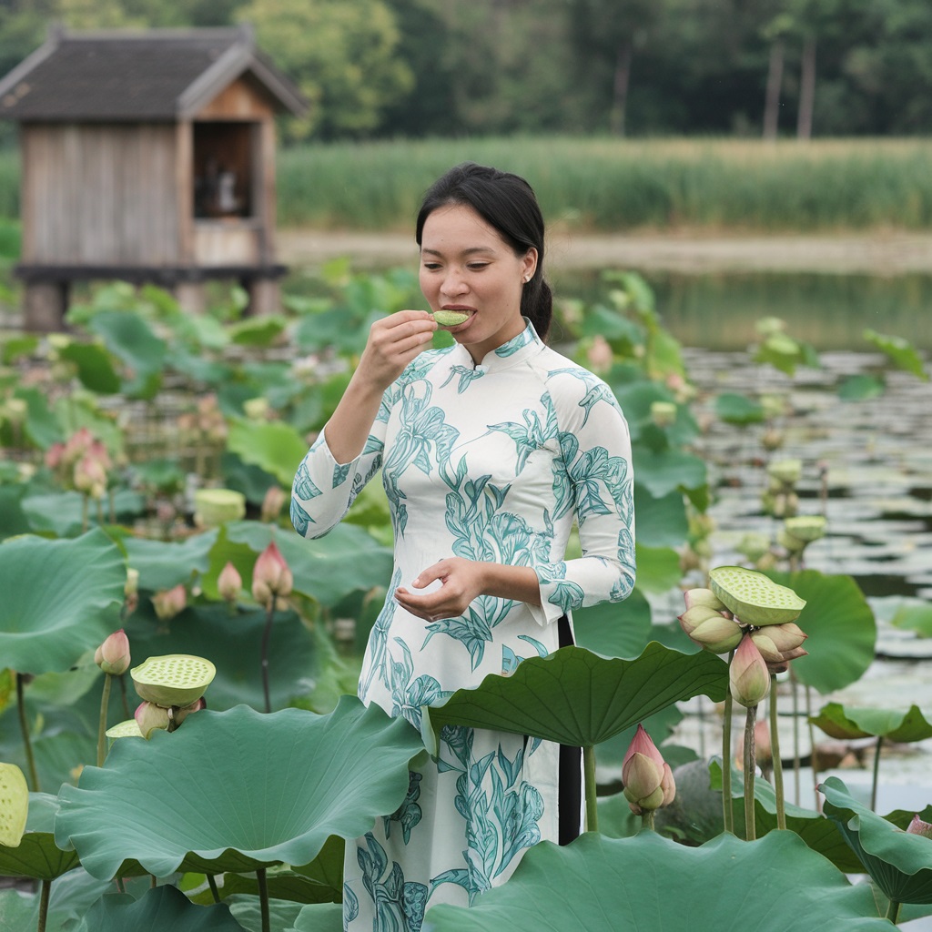 woman eating a lotus in a field of lotus flowers